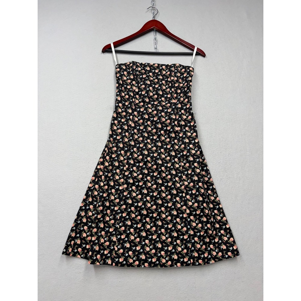 Shoshanna Strapless Dress Womens 2 Black Floral Rose Vintage 90s Mini Fit Flare - Picture 2 of 13
